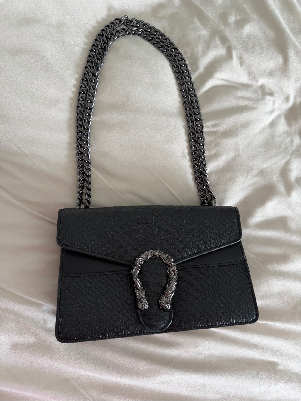 Black Textured Chain Shoulder Bag with Silver Hardware